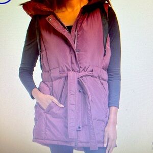 Sam Edelman hooded puff belted vest in Bordeaux color.